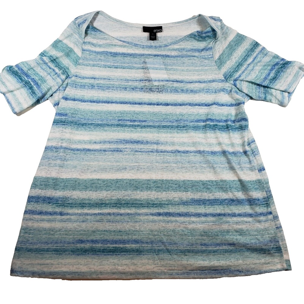 NWT Erika Meghan Women‎ XL Blue Aquaria Burlap Stripe Burnout Short Sleeve Top